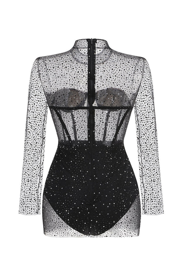 Sexy Sheer Mesh Mock Neck Bustier Bodycon Rhinestone Club Romper Mini Dress