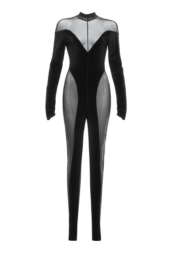 Sexy Sheer Mesh Mock Neck Long Sleeve Velvet Hybrid Skinny Jumpsuit