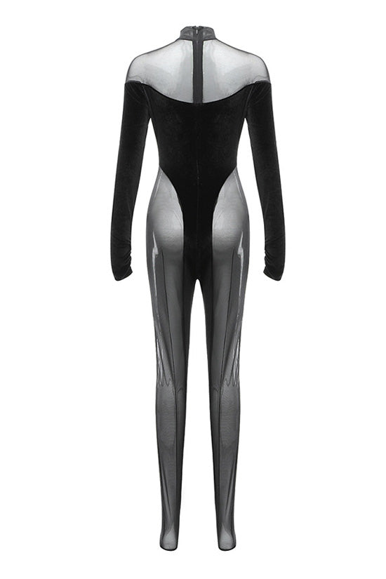 Sexy Sheer Mesh Mock Neck Long Sleeve Velvet Hybrid Skinny Jumpsuit