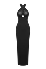 Sexy Sheer Mesh Plunge Halter Wrap Tie Draped Sheath Evening Maxi Dress