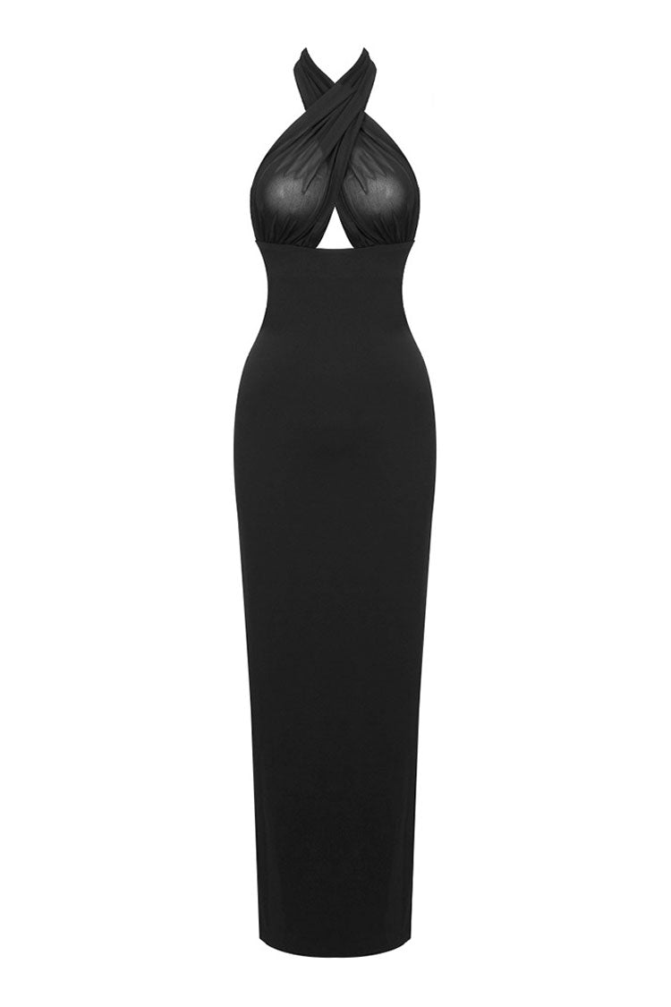 Sexy Sheer Mesh Plunge Halter Wrap Tie Draped Sheath Evening Maxi Dress