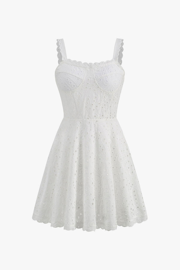 Sexy Shirred Bustier Scalloped A Line Broderie Anglaise Party Mini Sundress