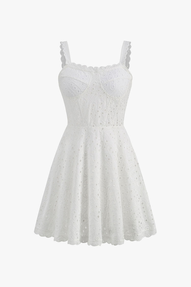 Sexy Shirred Bustier Scalloped A Line Broderie Anglaise Party Mini Sundress