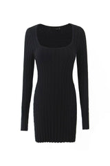 Sexy Square Neck Chunky Ribbed Knit Bodycon Micro Mini Sweater Dress