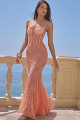 Sexy Sweetheart Neck Spaghetti Strap Lace Godet Fishtail Evening Maxi Dress