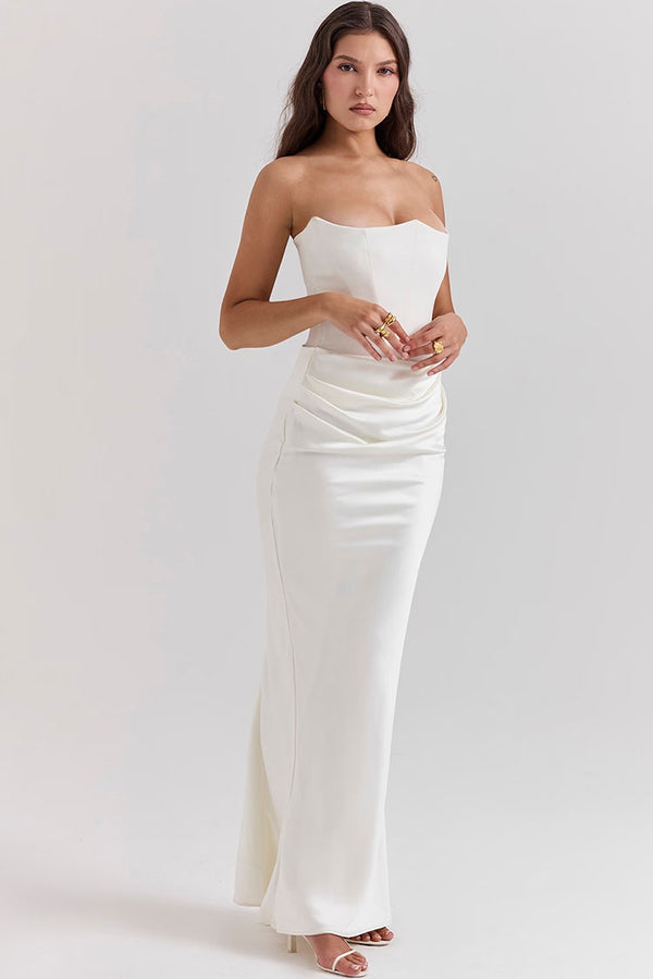 Sexy Sweetheart Strapless Corset Draped Satin Fishtail Evening Maxi Dress