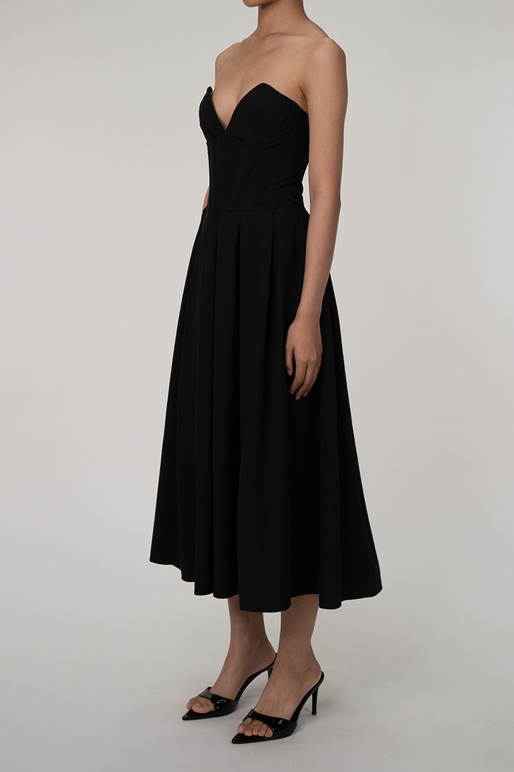 Sexy V Neck Strapless Fit & Flare Pleated Corset Cocktail Party Midi Dress - Black