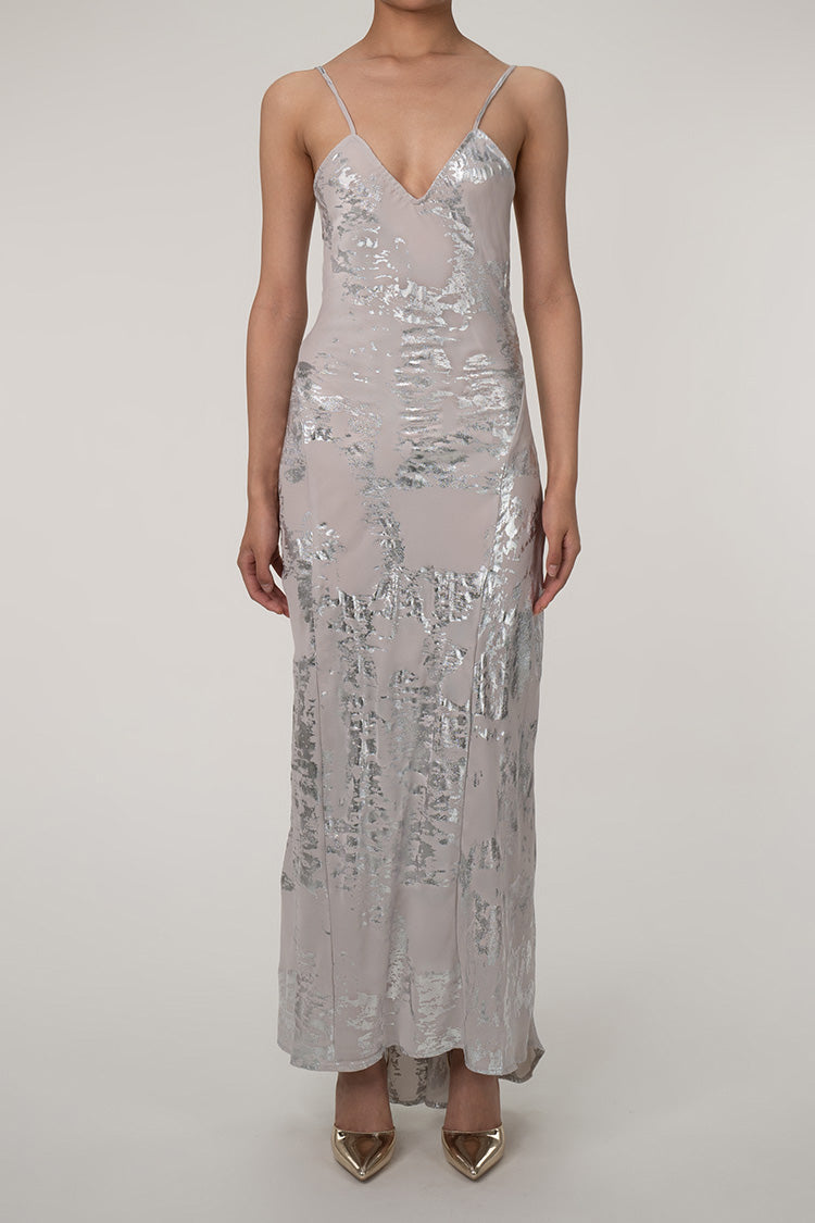 Shimmering Metallic Foil V Neck Spaghetti Strap Backless Evening Maxi Dress