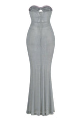 Shiny Crystal Bow Cutout Strapless Sheer Mesh Mermaid Evening Maxi Dress