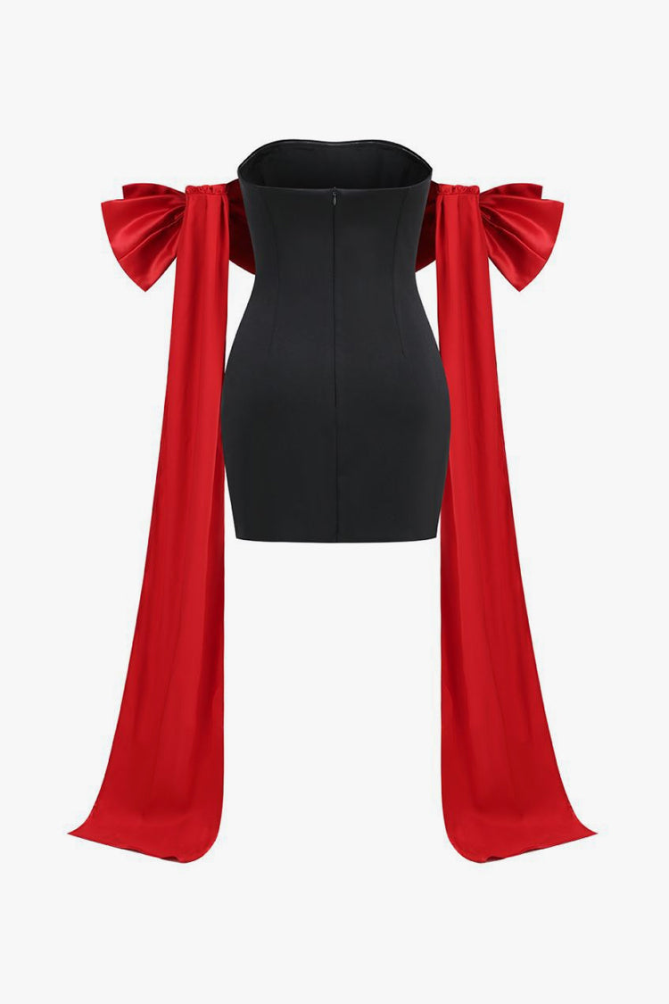 Silky Satin Draped Big Bow Opera Glove Bodycon Tube Party Mini Dress