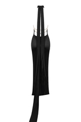 Silky Satin Draped Halter Tie Faux Pearl Chain Backless Evening Maxi Dress