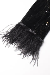 Silky Satin Lapel Feather Trim Long Sleeve Cinch Waist Sequin Party Blazer
