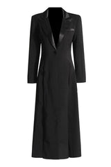 Silky Satin Lapel Strong Shoulder One Button High Split Tailored Blazer Maxi Dress