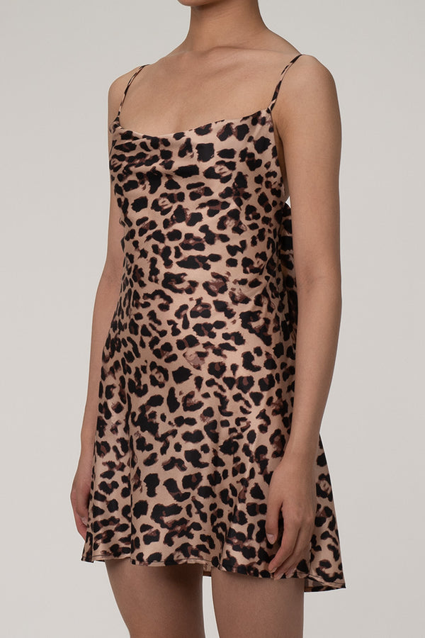 Silky Satin Leopard Cowl Neck Spaghetti Strap Lace Up Backless Party Mini Dress