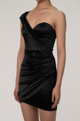 Silky Satin One Shoulder Ruched Bodycon Party Mini Dress - Black