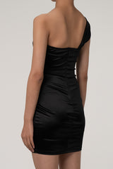 Silky Satin One Shoulder Ruched Bodycon Party Mini Dress - Black