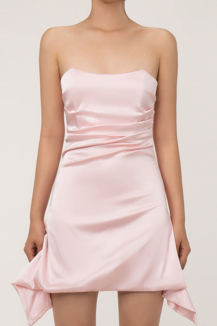 Silky Satin Pleated Trim Corset Strapless Party Mini Dress - Pink