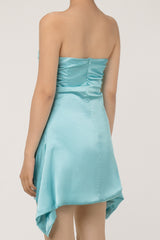 Silky Satin Pleated Trim Corset Strapless Party Mini Dress - Turquoise