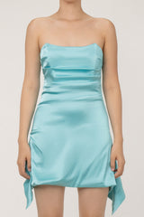 Silky Satin Pleated Trim Corset Strapless Party Mini Dress - Turquoise