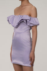 Silky Satin Puffy Ruffle Off Shoulder High Rise Split Bodycon Party Mini Dress