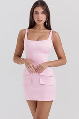 Silky Satin Square Neck Flap Trim Sheath Sleeveless Party Mini Dress