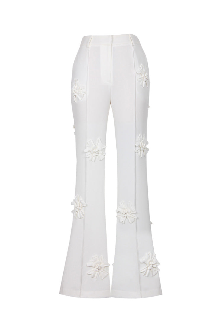 Smart Monochrome Rosette Appliqué High Waisted Flare Leg Tailored Pants