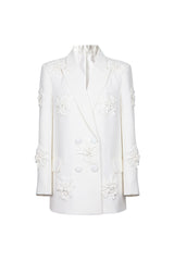 Smart Rosette Appliqué Lapel Collar Long Sleeve Double Breasted Blazer