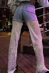 Sparkly Bicolor Sheer Rhinestone Mesh High Waist Straight Leg Hybrid Jeans