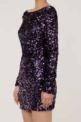 Sparkly Bow Tie Draped Backless Long Sleeve Bodycon Sequin Party Mini Dress