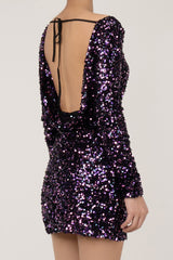 Sparkly Bow Tie Draped Backless Long Sleeve Bodycon Sequin Party Mini Dress