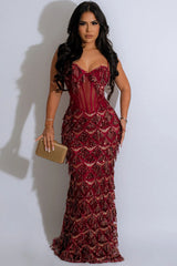 Sparkly Bustier Sleeveless Sheer Drop Waist Fringe Sequin Evening Maxi Dress