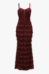 Sparkly Bustier Sleeveless Sheer Drop Waist Fringe Sequin Evening Maxi Dress