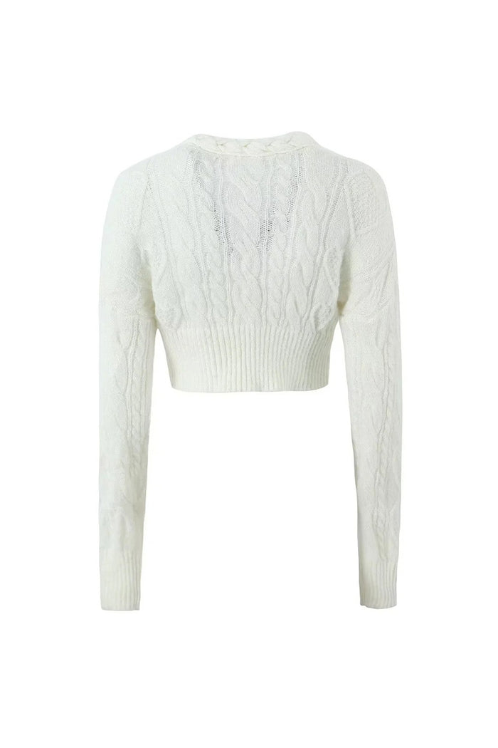 Sweater cardigan cable braid knit womens cream white crop high quality top button long sleeve