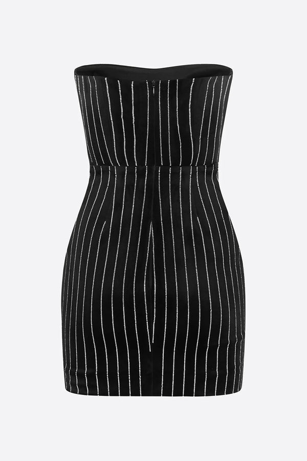 Sparkly Contrast Rhinestone Stripe Strapless Bodycon Party Mini Dress