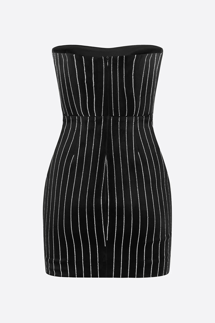 Sparkly Contrast Rhinestone Stripe Strapless Bodycon Party Mini Dress