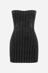 Sparkly Contrast Rhinestone Stripe Strapless Bodycon Party Mini Dress