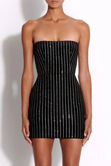 Sparkly Contrast Rhinestone Stripe Strapless Bodycon Party Mini Dress