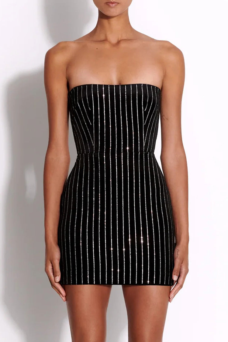 Sparkly Contrast Rhinestone Stripe Strapless Bodycon Party Mini Dress