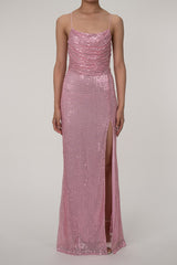 Sparkly Cowl Neck Lace Up Back High Slit Sequin Prom Maxi Dress - Pink