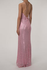 Sparkly Cowl Neck Lace Up Back High Slit Sequin Prom Maxi Dress - Pink