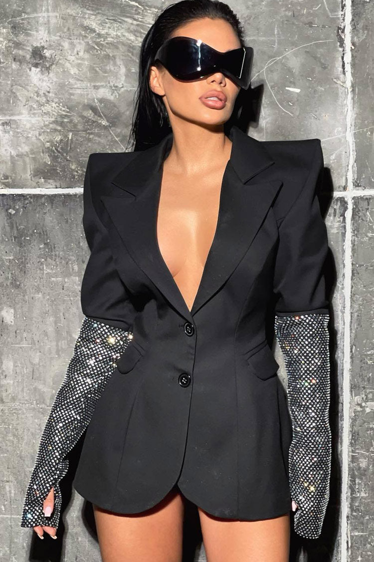 Sparkly Crystal Mesh Sleeve Strong Shoulder Single Breasted Tailored Blazer