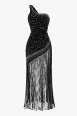 Sparkly Crystal One Shoulder Lace Panel Velvet Sequin Evening Maxi Dress