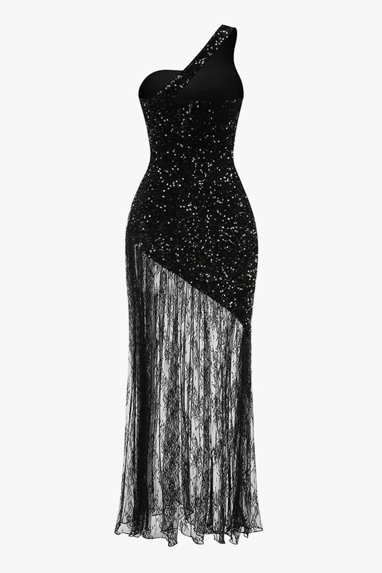 Sparkly Crystal One Shoulder Lace Panel Velvet Sequin Evening Maxi Dress