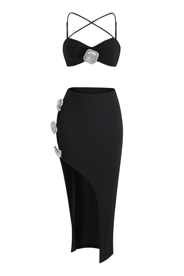 Sparkly Crystal Rosette Cross Bra Top Cutout Side Split Two Piece Midi Dress