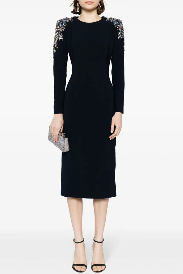 Sparkly Crystal Shoulder Crew Neck Long Sleeve Sheath Cocktail Midi Dress