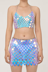 Sparkly Disc Sequin Chainmail Sheer Mermaid Party Two Piece Mini Dress