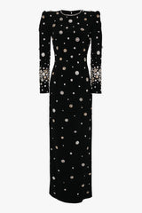 Sparkly Embellished Crew Neck Padded Shoulder Crepe Evening Maxi Dress