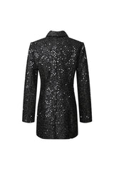 Sparkly Lapel Long Sleeve Double Breasted Longline Sequin Party Blazer