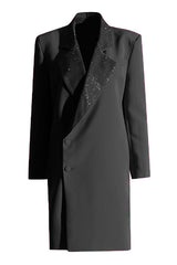 Sparkly Lapel Padded Long Sleeve Button Down Rhinestone Long Blazer