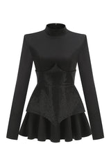 Sparkly Mock Neck Long Sleeve Rhinestone Peplum Skater Party Mini Dress